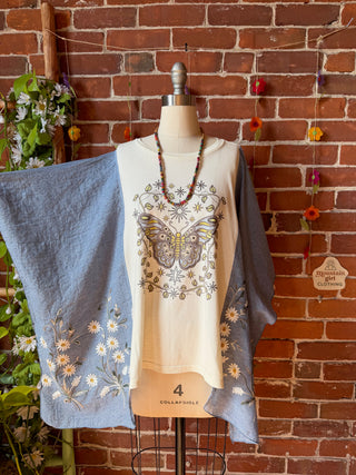 OOAK Spring Collection - Upcycled Mystical Butterfly Blue Daisy Embroidered Poncho