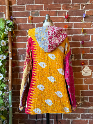 Wander Free Upcycled Hi Lo Hem Kantha Hoodie with butterfly - 100% Cotton