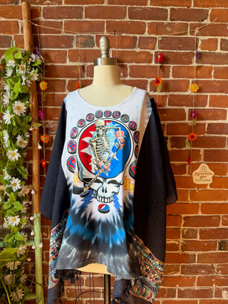 Upcycled Grateful Dead Hockey Inspired Navy Embroidered Poncho Tassel Top