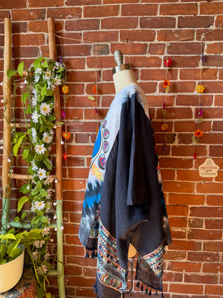 Upcycled Grateful Dead Hockey Inspired Navy Embroidered Poncho Tassel Top