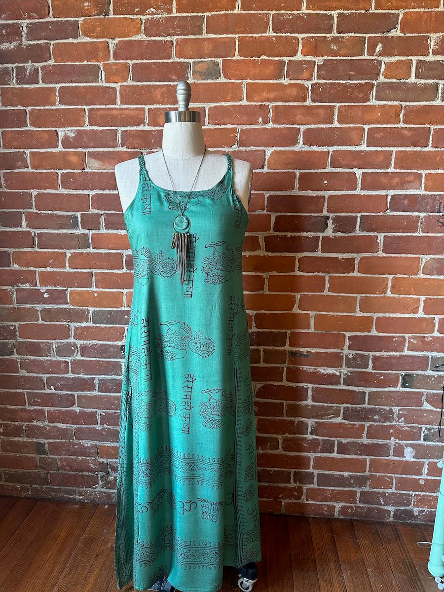 Free Size. Om Printed Flowy Lightweight Cotton Maxi Dress- Sage -  Item: 1205