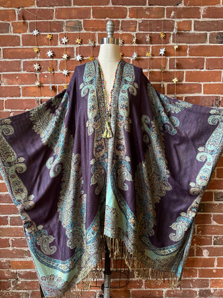 Turquoise + Purple Goddess Flowy Woven Fringe Kimono Ruana