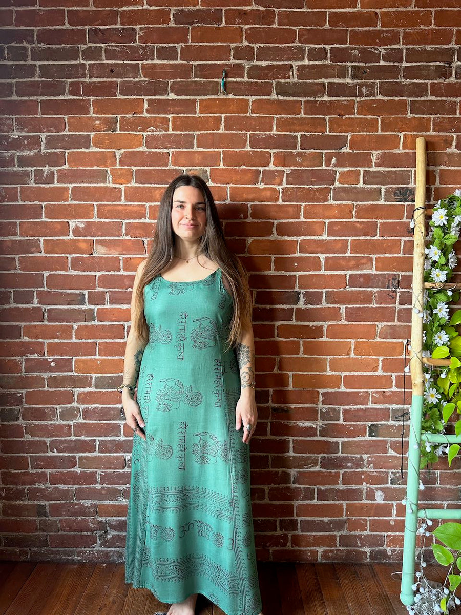Free Size. Om Printed Flowy Lightweight Cotton Maxi Dress- Sage -  Item: 1205