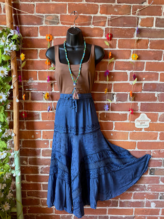 Stevie Embroidered Mineral Wash Skirt Midi Length - Multiple Colors Available- Fair Trade Made