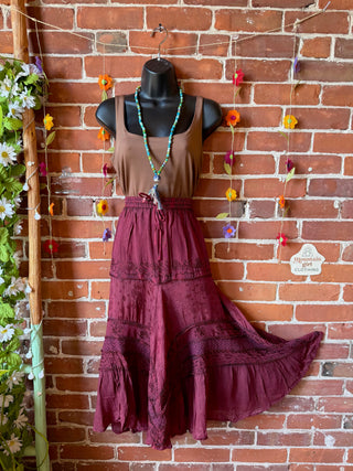 Stevie Embroidered Mineral Wash Skirt Midi Length - Multiple Colors Available- Fair Trade Made