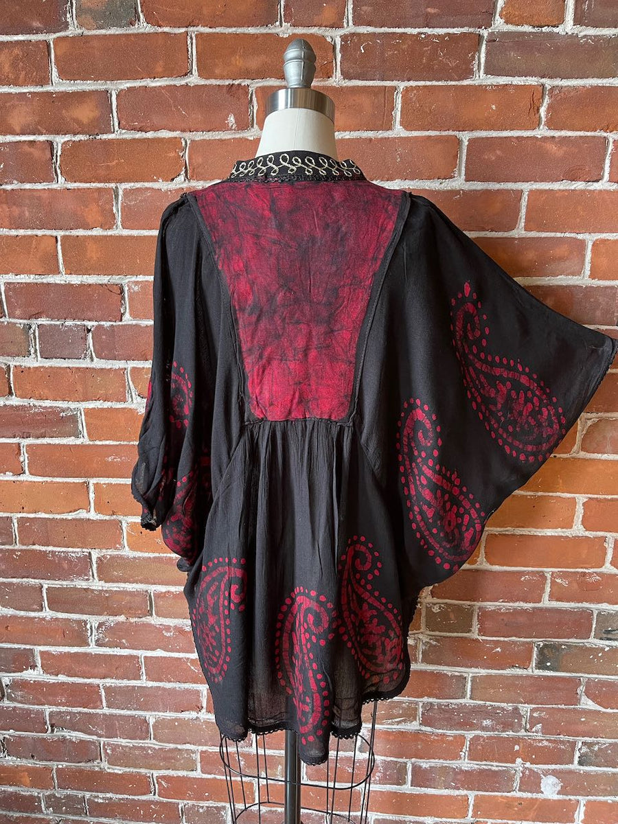 Free Size up to 2X Hannah Poncho Capelet Top - Embroidered Batik - Red/Black item: 1306