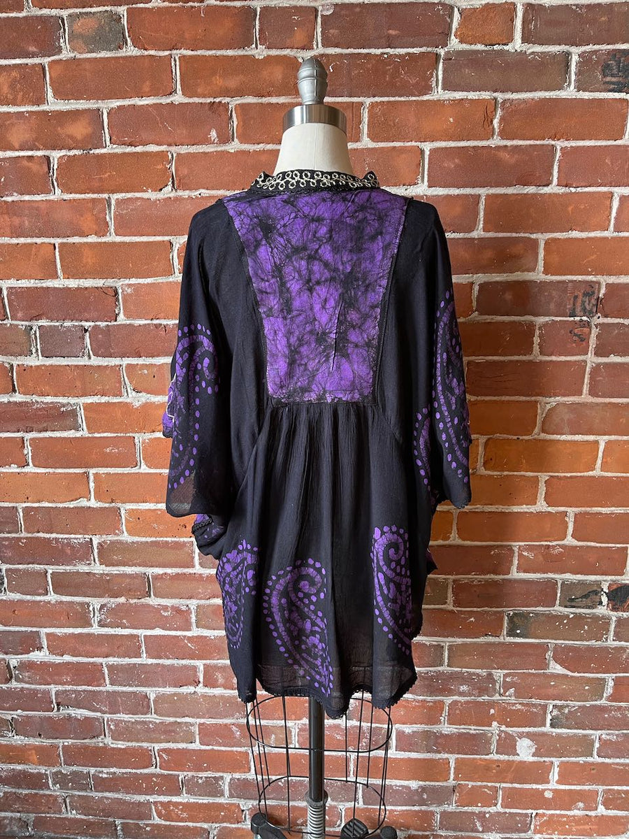 Free Size up to 2X Hannah Poncho Capelet Top - Embroidered Batik - Purple/Black Item: 1093