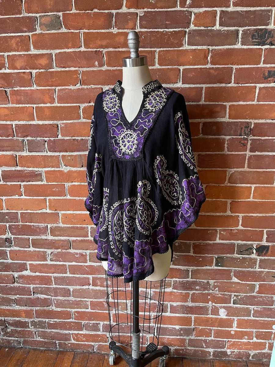 Free Size up to 2X Hannah Poncho Capelet Top - Embroidered Batik - Purple/Black Item: 1093