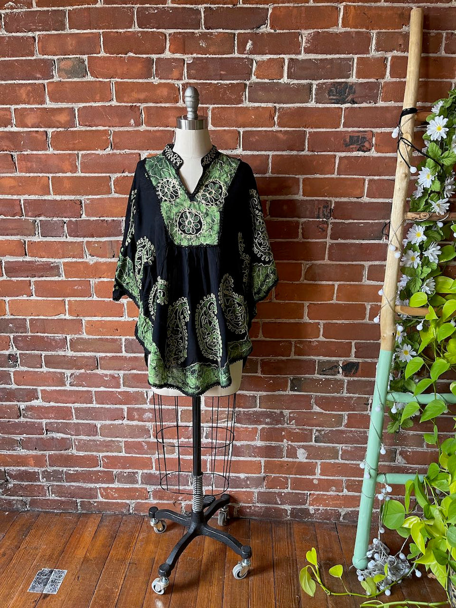 Free Size up to 2X Hannah Poncho Capelet Top - Embroidered Batik - Green/Black item: 1126
