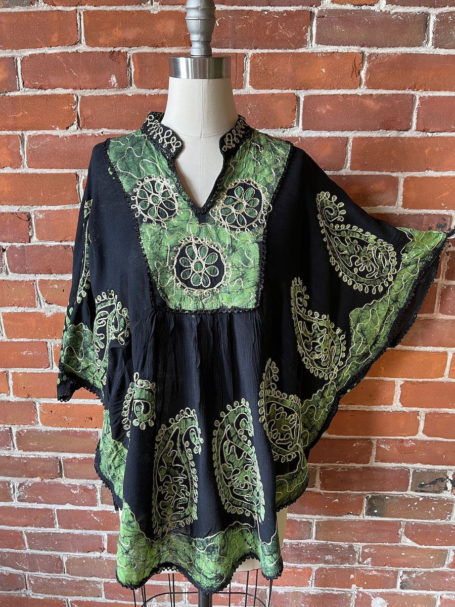 Free Size up to 2X Hannah Poncho Capelet Top - Embroidered Batik - Green/Black item: 1126