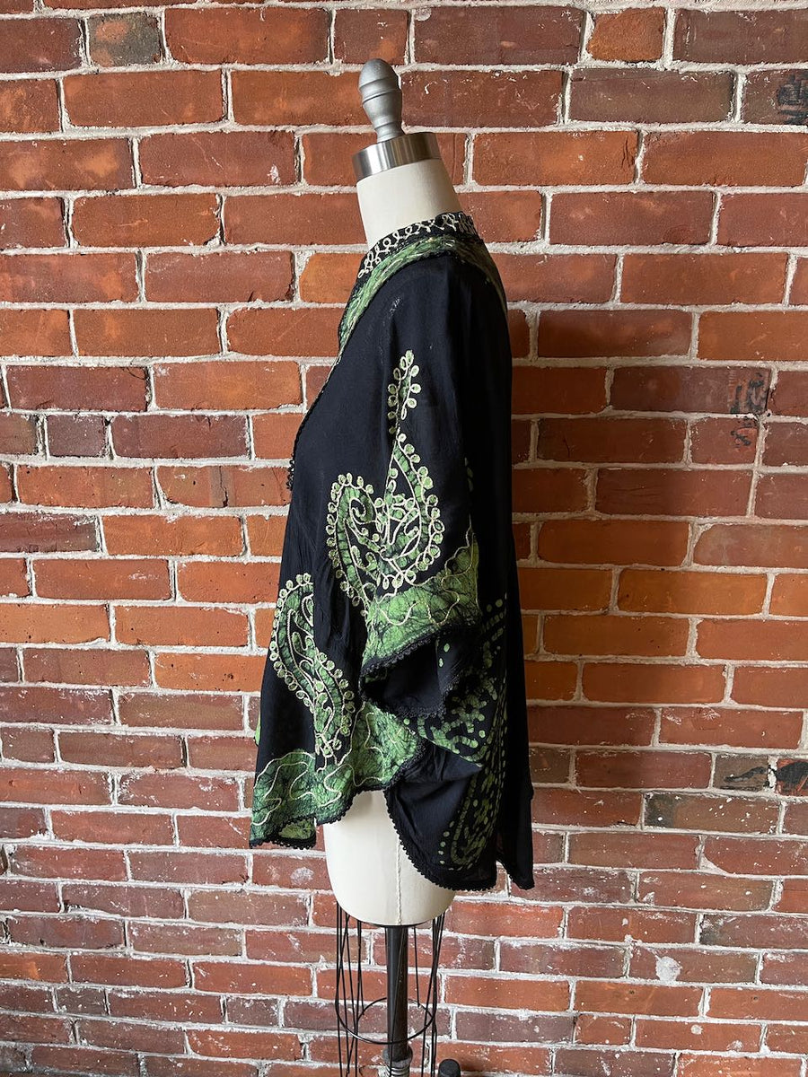 Free Size up to 2X Hannah Poncho Capelet Top - Embroidered Batik - Green/Black item: 1126