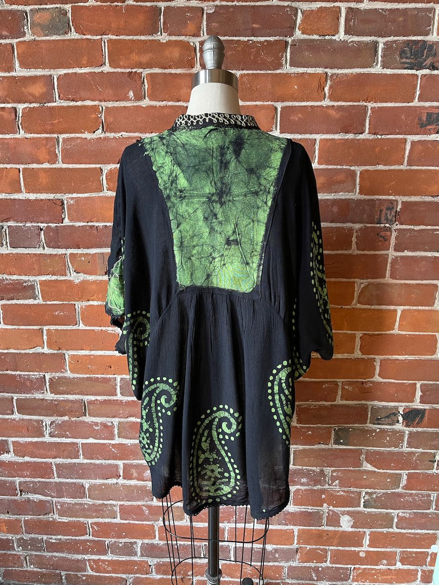 Free Size up to 2X Hannah Poncho Capelet Top - Embroidered Batik - Green/Black item: 1126
