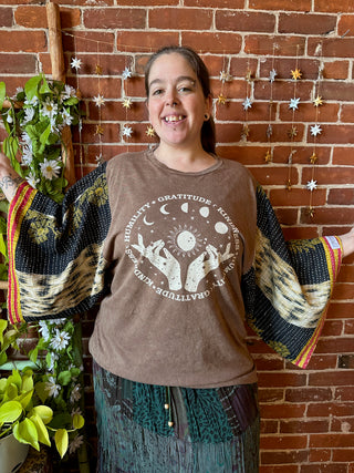 OOAK Winter Collection - Size 2XL Upcycled Gratitude Kantha Bell Sleeve T-shirt
