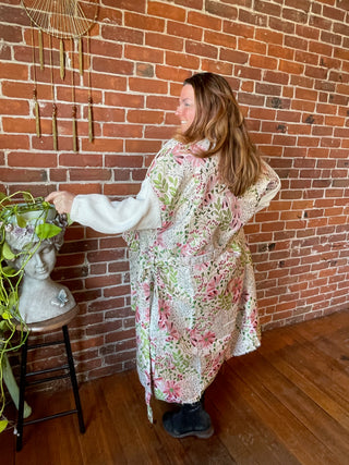 Floral Print Jacquard Kimono Wrap w/ Sweater Sleeve