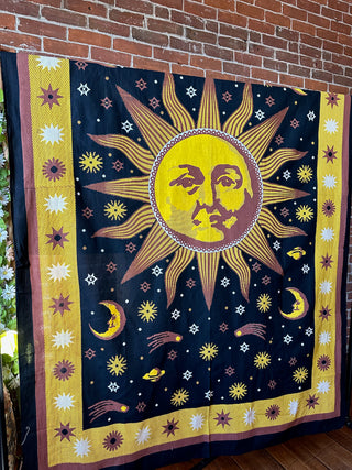 100% Cotton 90's inspired Golden Yellow Black Mandala Celestial Sun Moon Tapestry / Wall Hanging / Bedspread