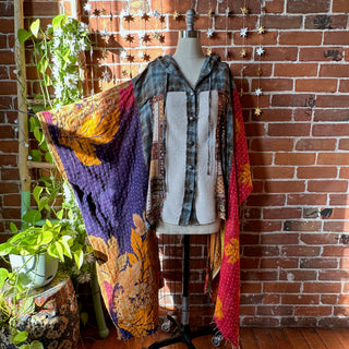 OOAK Winter Collection - Upcycled Patchwork Button Up Hi Lo Kantha Poncho Hoodie Top