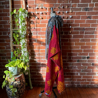 OOAK Winter Collection - Upcycled Patchwork Button Up Hi Lo Kantha Poncho Hoodie Top