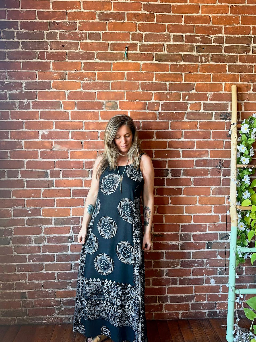 Free Size. Om Printed Flowy Lightweight Cotton Maxi Dress- Charcoal -  Item: 1076