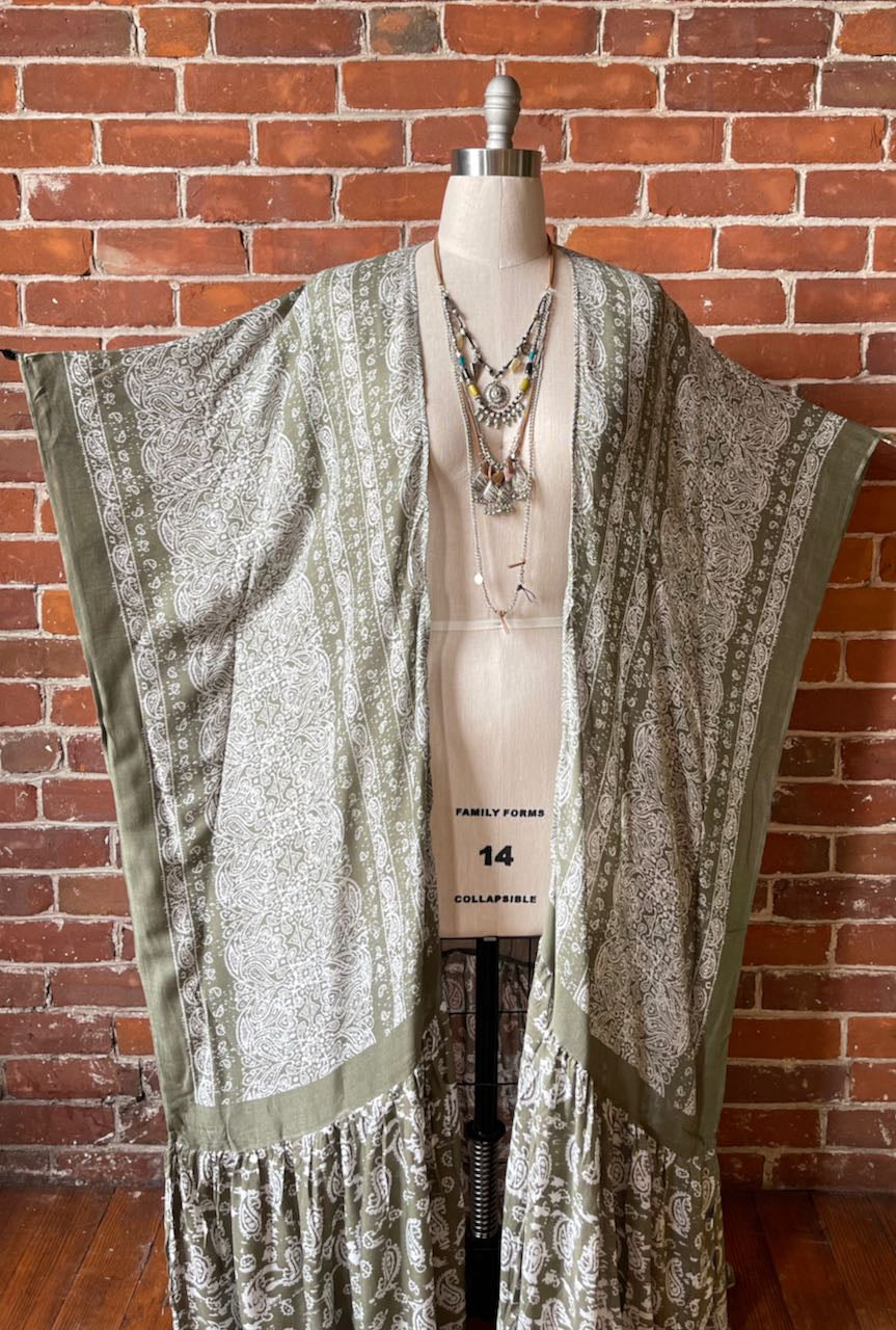 One Size Fits Most Long Flowy Sage Paisley Grateful Dead Tiered Robe Kimono