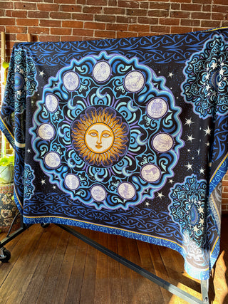 100% Cotton Blue Purple Zodiac Sun Celestial Mandela ⭐️ Tapestry / Wall Hanging - Fair Trade Made