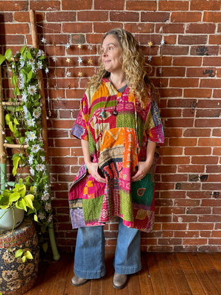 Sierra Dreams Patchwork Upcycled Cotton Kantha Poncho Tunic Hoodie - Fair Trade Made