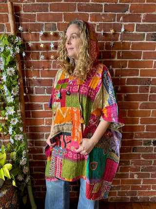 Sierra Dreams Patchwork Upcycled Cotton Kantha Poncho Tunic Hoodie - Fair Trade Made