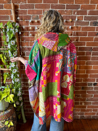 Sierra Dreams Patchwork Upcycled Cotton Kantha Poncho Tunic Hoodie - Fair Trade Made