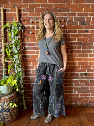 Embroidered Bohemian Spring Wide Leg Lounge Pants - Stone Gray 100% Cotton - Fair Trade Made