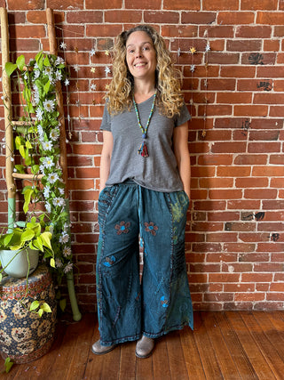 Embroidered Bohemian Spring Wide Leg Lounge Pants - Teal Blue 100% Cotton - Fair Trade Made