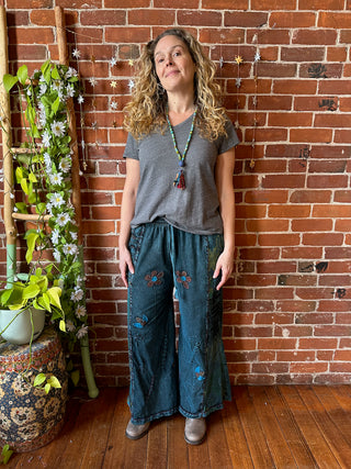 Embroidered Bohemian Spring Wide Leg Lounge Pants - Teal Blue 100% Cotton - Fair Trade Made