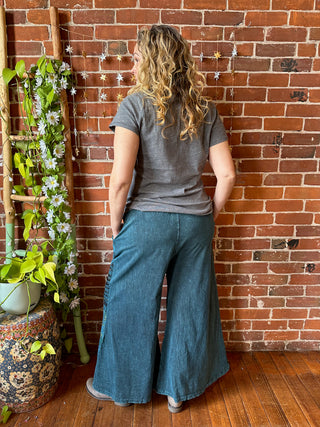 Embroidered Bohemian Spring Wide Leg Lounge Pants - Teal Blue 100% Cotton - Fair Trade Made