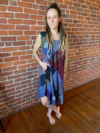 Cassidy Recycled Patchwork Festival Dress -Purples Blues