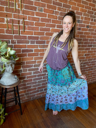 Free Size Blue Earth Tones Penelope Patchwork Skirt with Pockets