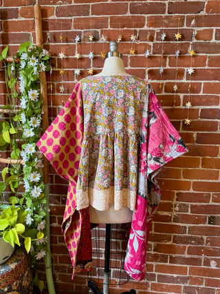 OOAK Winter Collection - Upcycled Floral Hi Lo Kantha Poncho Top