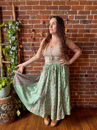 Boho Tea Length Patchwork Skirt Floral Meadows - Fair Trade Made