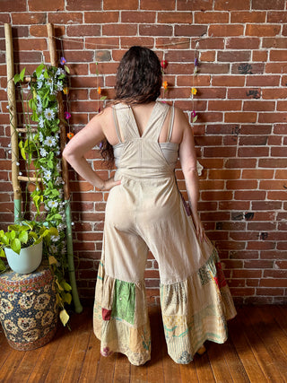 Blossom Trail 100% Cotton Patchwork Wide Leg Bell Bottom Overalls - Multiple Sizes