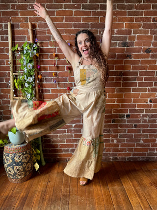 Blossom Trail 100% Cotton Patchwork Wide Leg Bell Bottom Overalls - Multiple Sizes