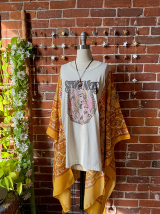 Mystical Stevie Nicks Hybrid Yellow Boho Print Hi Lo Poncho Top