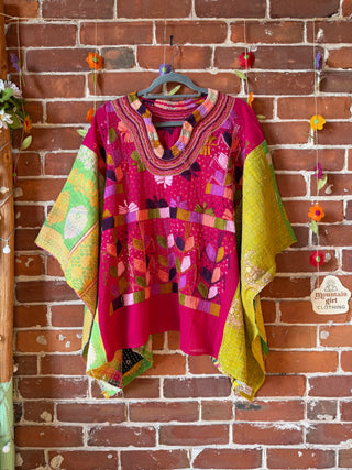 OOAK Summer Collection- Upcycled Vintage Floral Embroidered Kantha Poncho Top