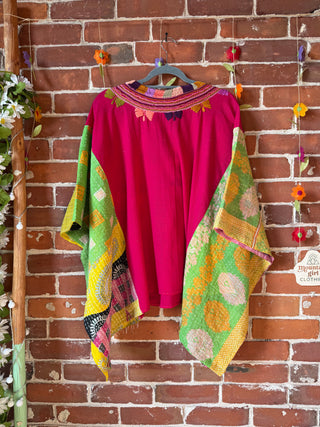OOAK Summer Collection- Upcycled Vintage Floral Embroidered Kantha Poncho Top