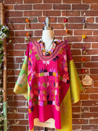 OOAK Summer Collection- Upcycled Vintage Floral Embroidered Kantha Poncho Top