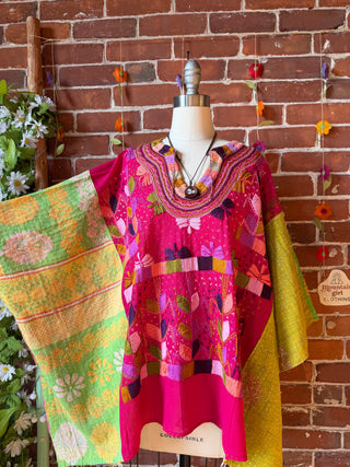 OOAK Summer Collection- Upcycled Vintage Floral Embroidered Kantha Poncho Top