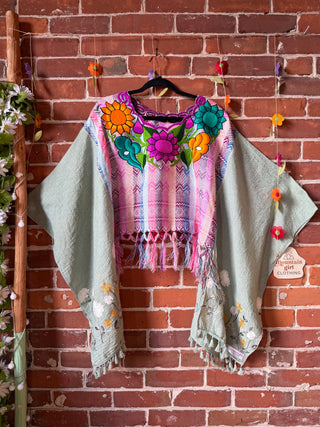 OOAK Summer Collection- Upcycled Cropped Vintage Embroidered  Hi Lo Poncho Top