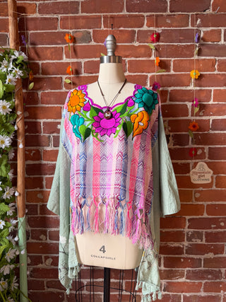 OOAK Summer Collection- Upcycled Cropped Vintage Embroidered  Hi Lo Poncho Top