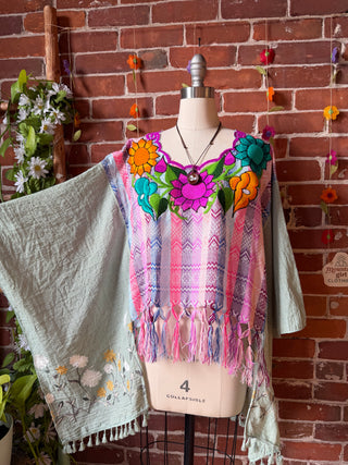 OOAK Summer Collection- Upcycled Cropped Vintage Embroidered  Hi Lo Poncho Top
