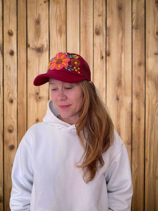 Hand Embroidered Trucker Flower Hat - Maroon - Fair Trade Made