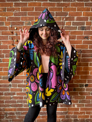 Grateful Dead Inspired Flower Dancing Bears Tapestry Bell Sleeve Hooded Kimono