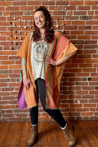 Kantha Fabric Upcycled Waylon Jennings + Willie Nelson Inspired Hi Lo Poncho Top
