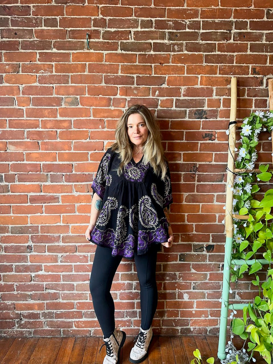 Free Size up to 2X Hannah Poncho Capelet Top - Embroidered Batik - Purple/Black Item: 1093