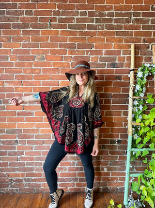 Artemis Batik Poncho Top - Red/Black